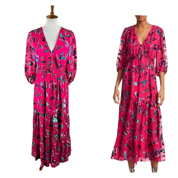 Tanya Taylor Pink Silk-Blend Floral Maxi Dress Size 10 Puff Sleeve Romantic - Picture 1 of 15
